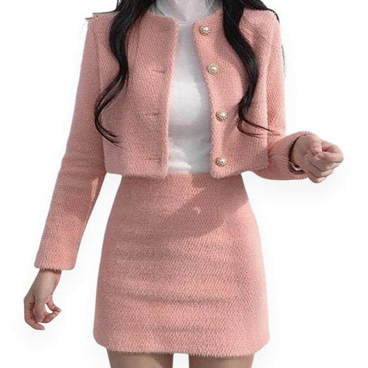Korean Style Sweet Velvet Blazer & Mini Skirt Set – Long Sleeve Two-Piece Outfit