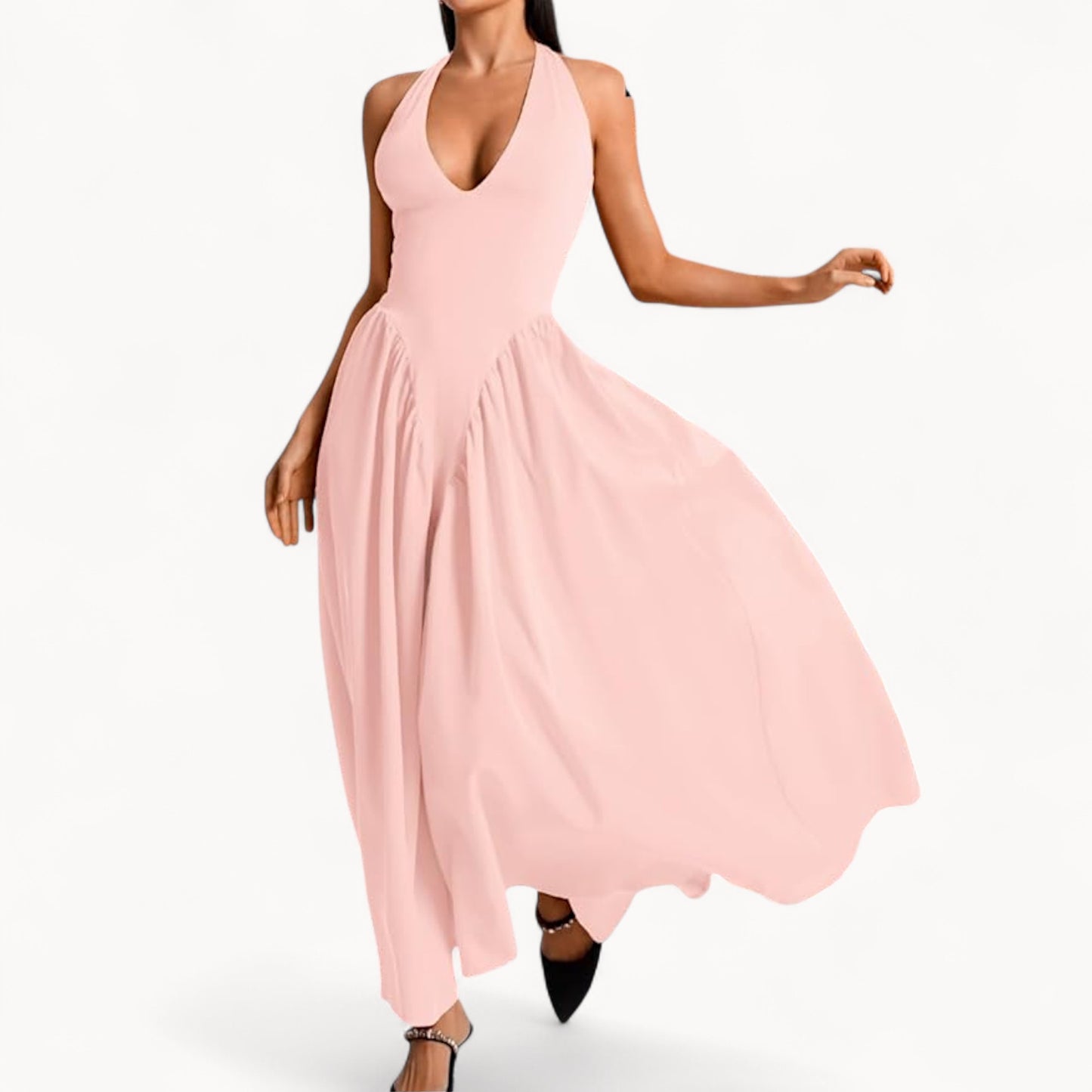 Women’s Fashion Long Summer Dress – Deep V Neck, Spliced Halter, Open Back Evening & Beach Dress