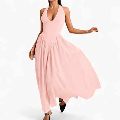 Women’s Fashion Long Summer Dress – Deep V Neck, Spliced Halter, Open Back Evening & Beach Dress