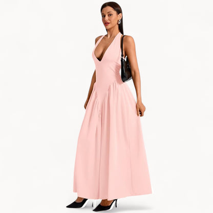 Women’s Fashion Long Summer Dress – Deep V Neck, Spliced Halter, Open Back Evening & Beach Dress