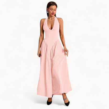 Women’s Fashion Long Summer Dress – Deep V Neck, Spliced Halter, Open Back Evening & Beach Dress