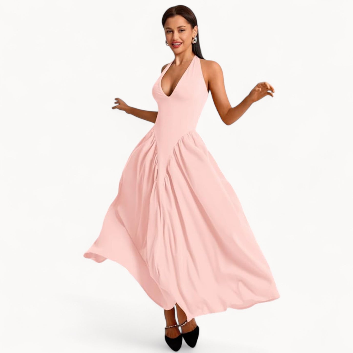Women’s Fashion Long Summer Dress – Deep V Neck, Spliced Halter, Open Back Evening & Beach Dress