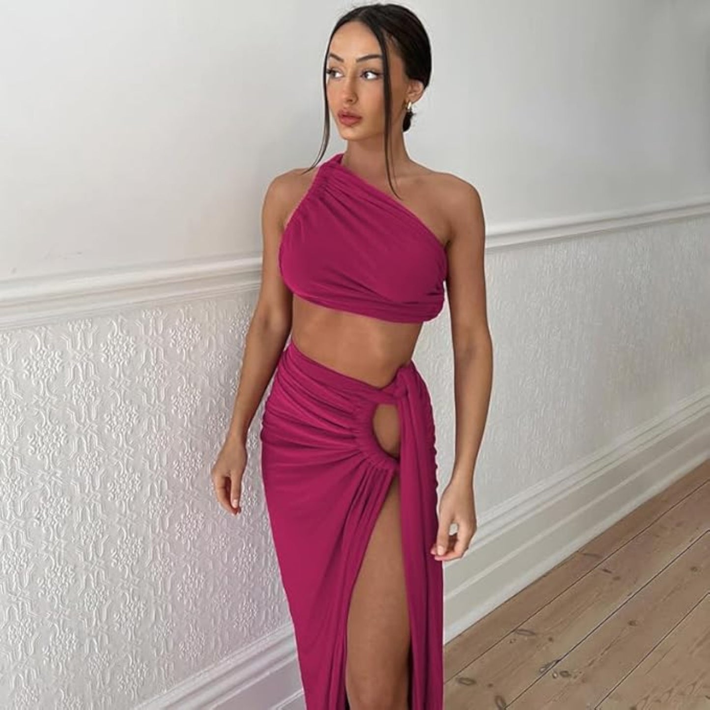 Women’s Asymmetrical Slit Skirt & Crop Top Set – Sexy Two-Piece Summer Party Dress