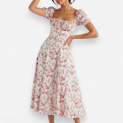 Women’s Floral Puff Sleeve Maxi Dress – Summer Casual Long Dress with Side Split