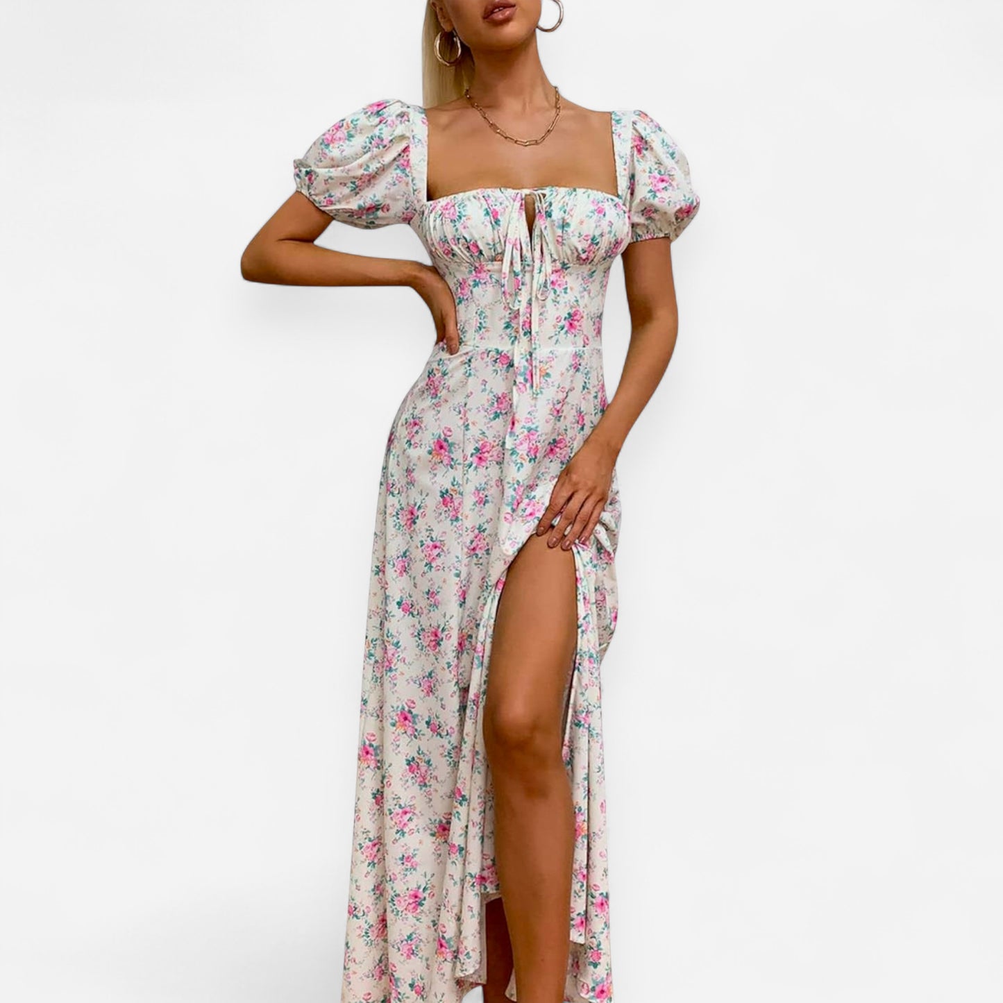 Women’s Floral Puff Sleeve Maxi Dress – Summer Casual Long Dress with Side Split
