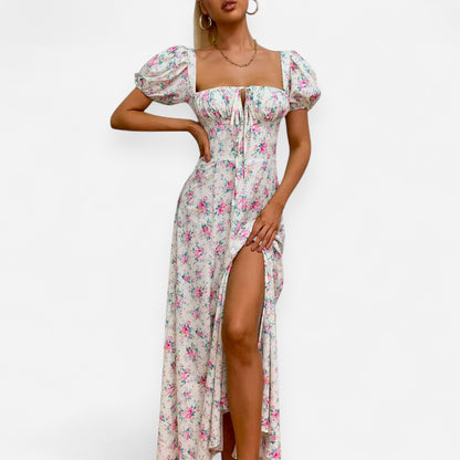 Women’s Floral Puff Sleeve Maxi Dress – Summer Casual Long Dress with Side Split