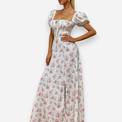 Women’s Floral Puff Sleeve Maxi Dress – Summer Casual Long Dress with Side Split