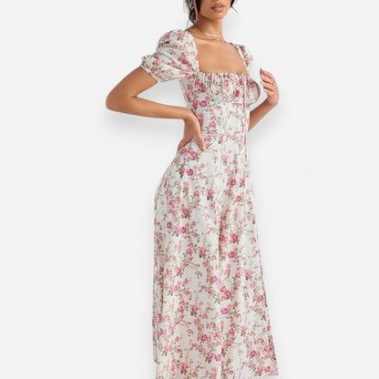 Women’s Floral Puff Sleeve Maxi Dress – Summer Casual Long Dress with Side Split