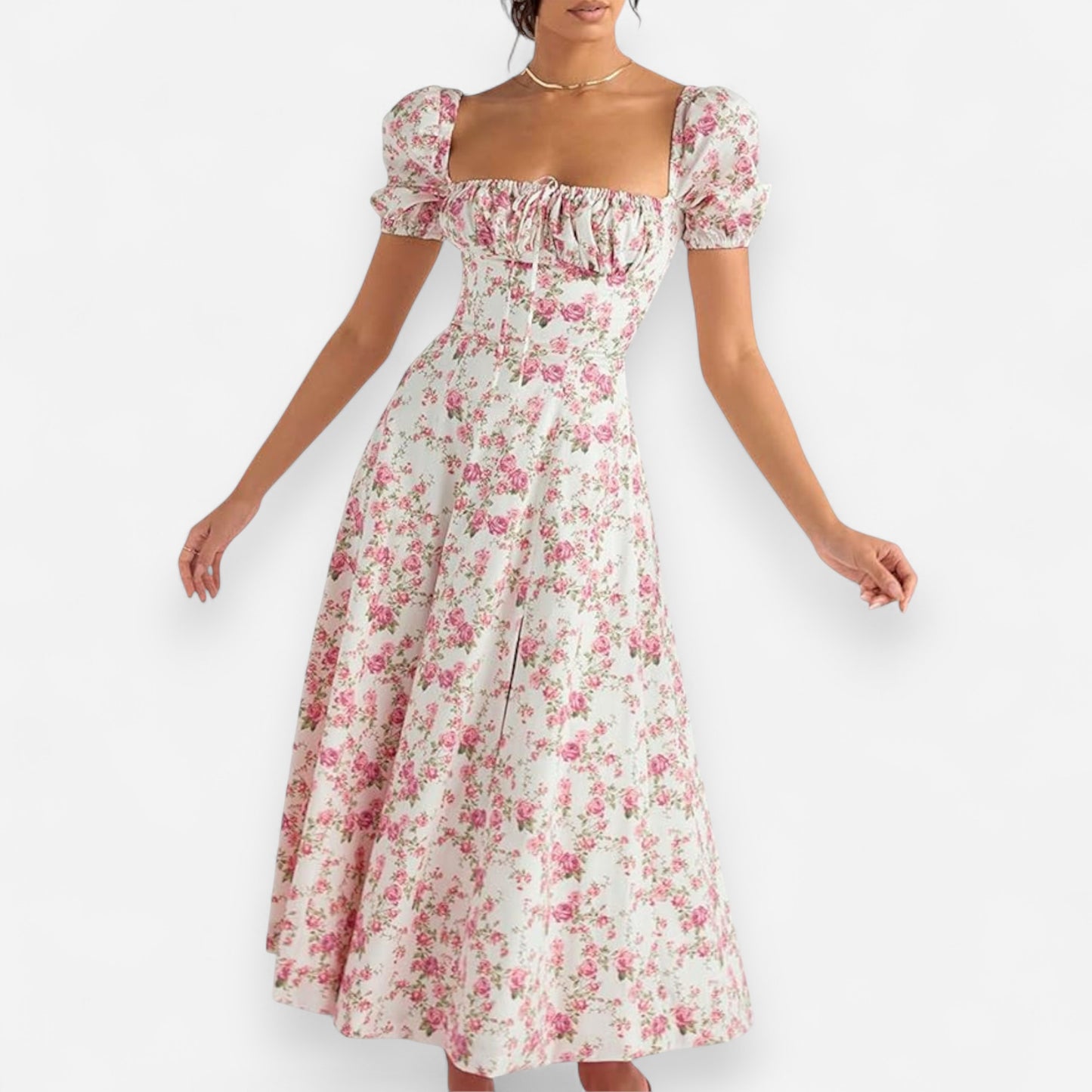 Women’s Floral Puff Sleeve Maxi Dress – Summer Casual Long Dress with Side Split