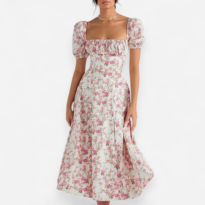 Women’s Floral Puff Sleeve Maxi Dress – Summer Casual Long Dress with Side Split