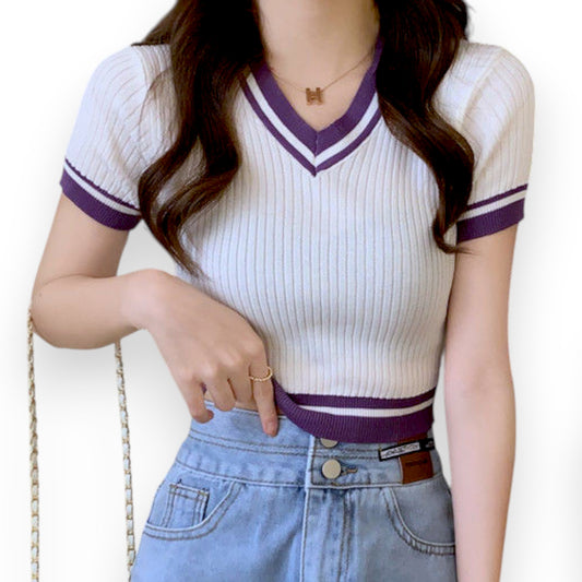 Sexy Versatile V-neck Short Sleeve T-shirt Women Summer Design Fresh