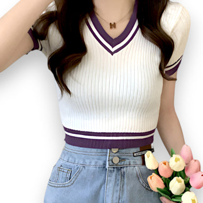 Sexy Versatile V-neck Short Sleeve T-shirt Women Summer Design Fresh