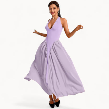 Women’s Fashion Long Summer Dress – Deep V Neck, Spliced Halter, Open Back Evening & Beach Dress