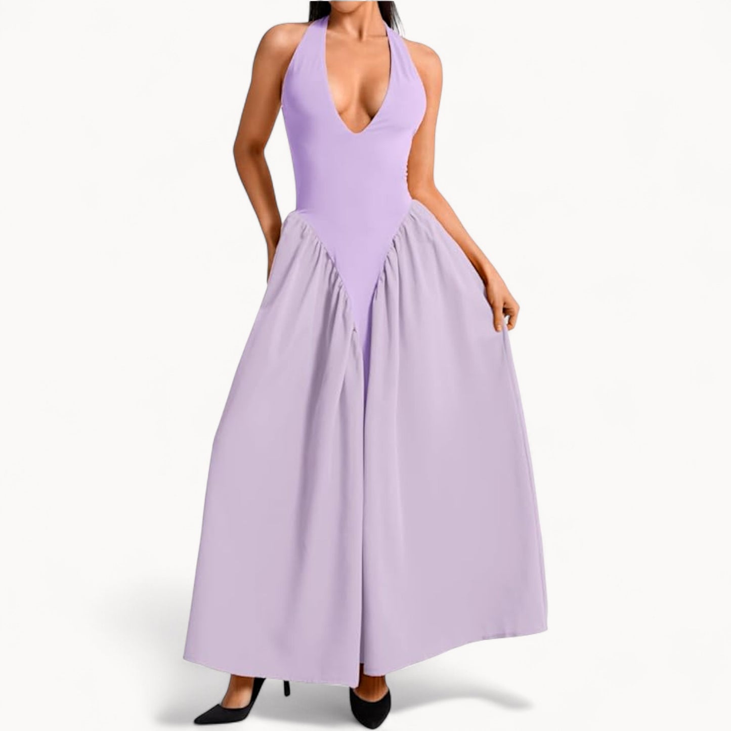 Women’s Fashion Long Summer Dress – Deep V Neck, Spliced Halter, Open Back Evening & Beach Dress