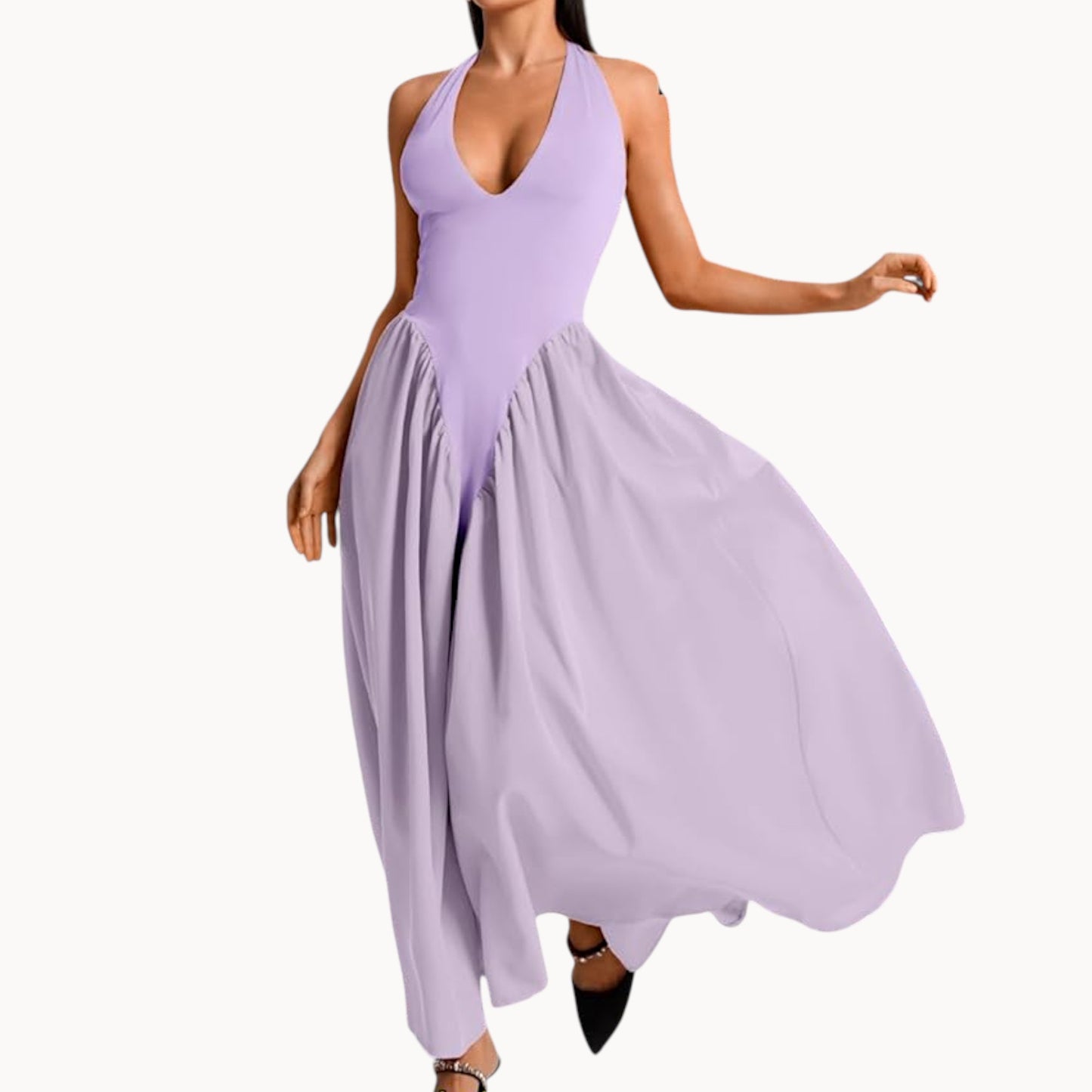 Women’s Fashion Long Summer Dress – Deep V Neck, Spliced Halter, Open Back Evening & Beach Dress