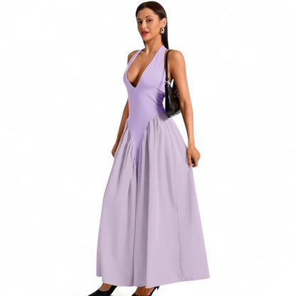 Women’s Fashion Long Summer Dress – Deep V Neck, Spliced Halter, Open Back Evening & Beach Dress