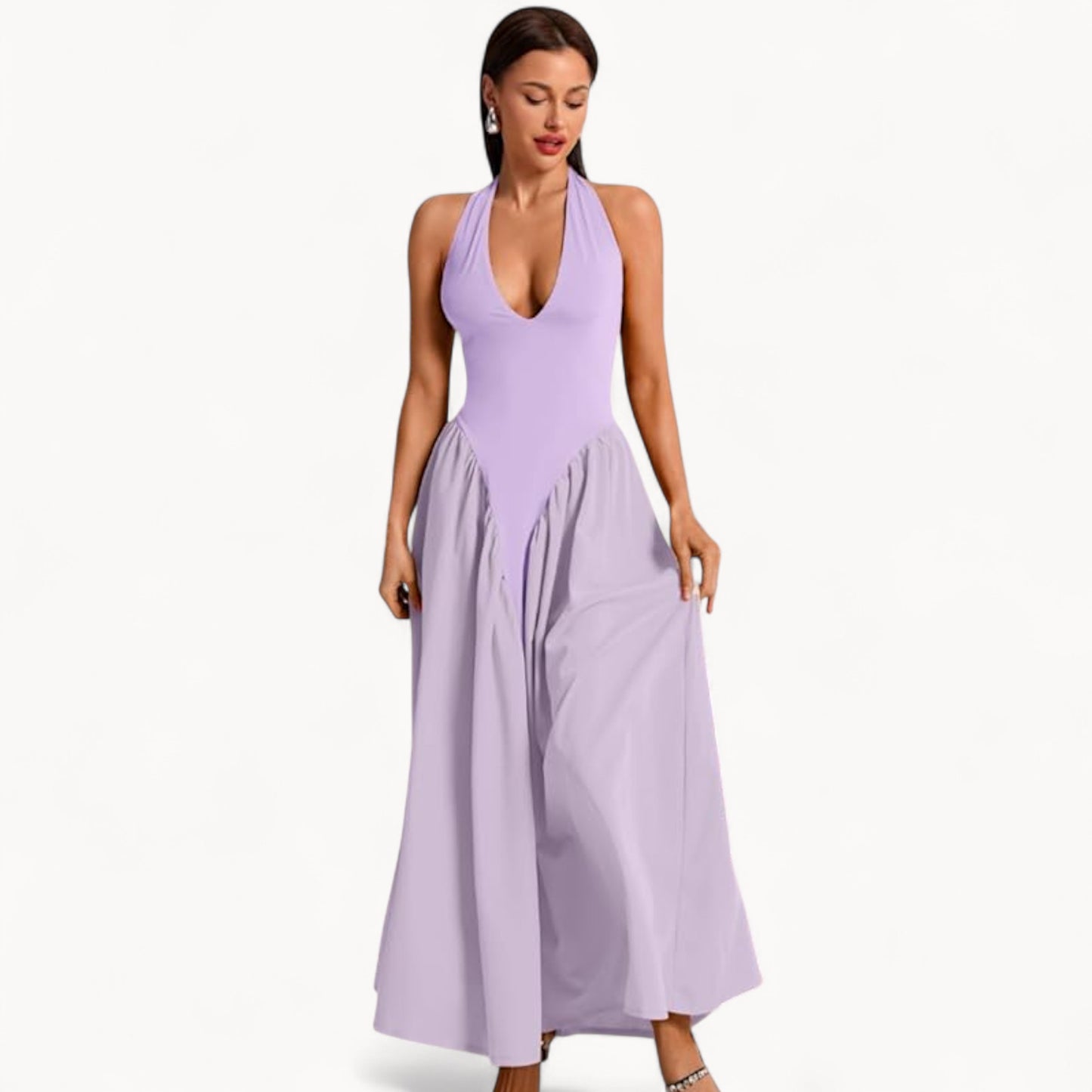 Women’s Fashion Long Summer Dress – Deep V Neck, Spliced Halter, Open Back Evening & Beach Dress