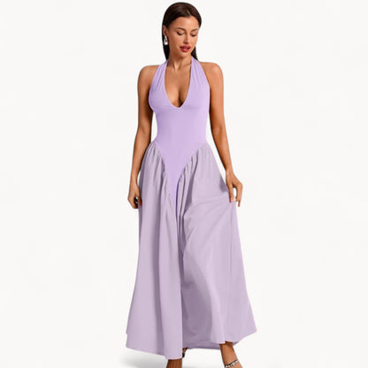 Women’s Fashion Long Summer Dress – Deep V Neck, Spliced Halter, Open Back Evening & Beach Dress