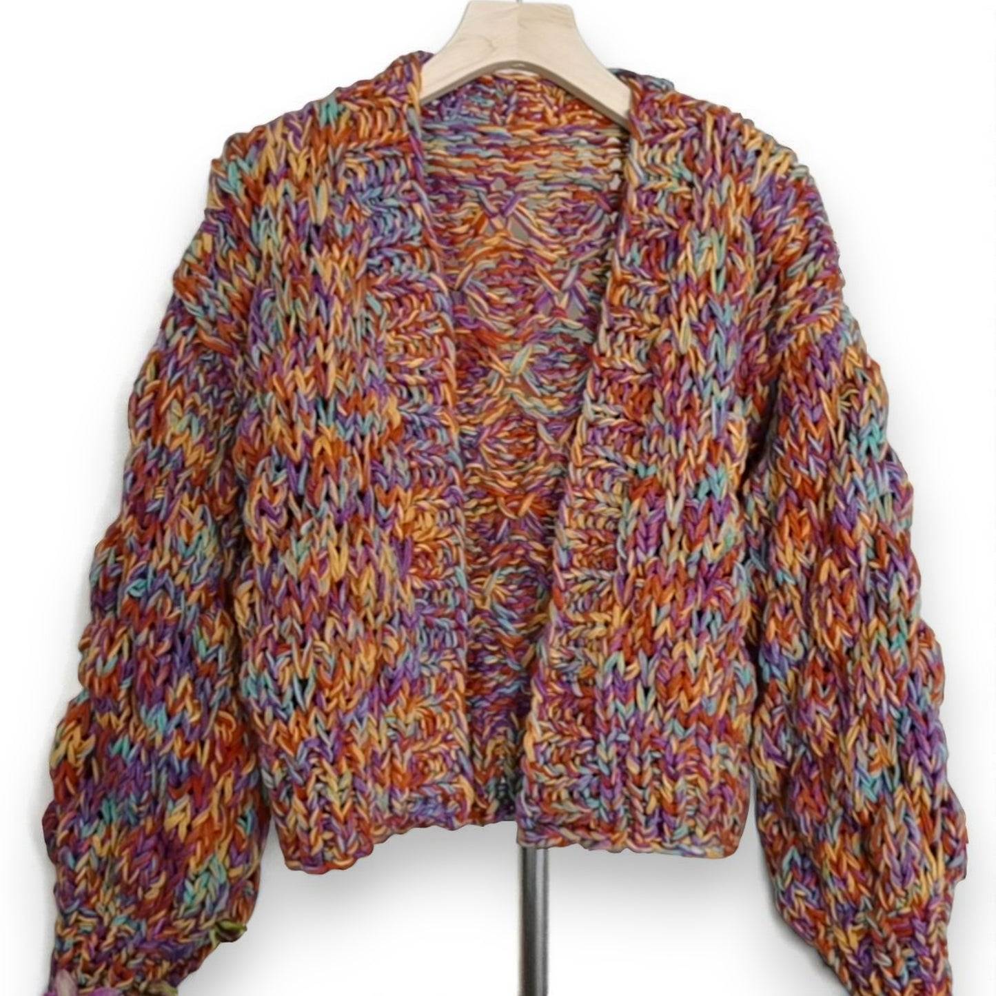 Rainbow Wool Blend Lantern Sleeve Cardigan – Cozy Street Style Oversized Winter Sweater