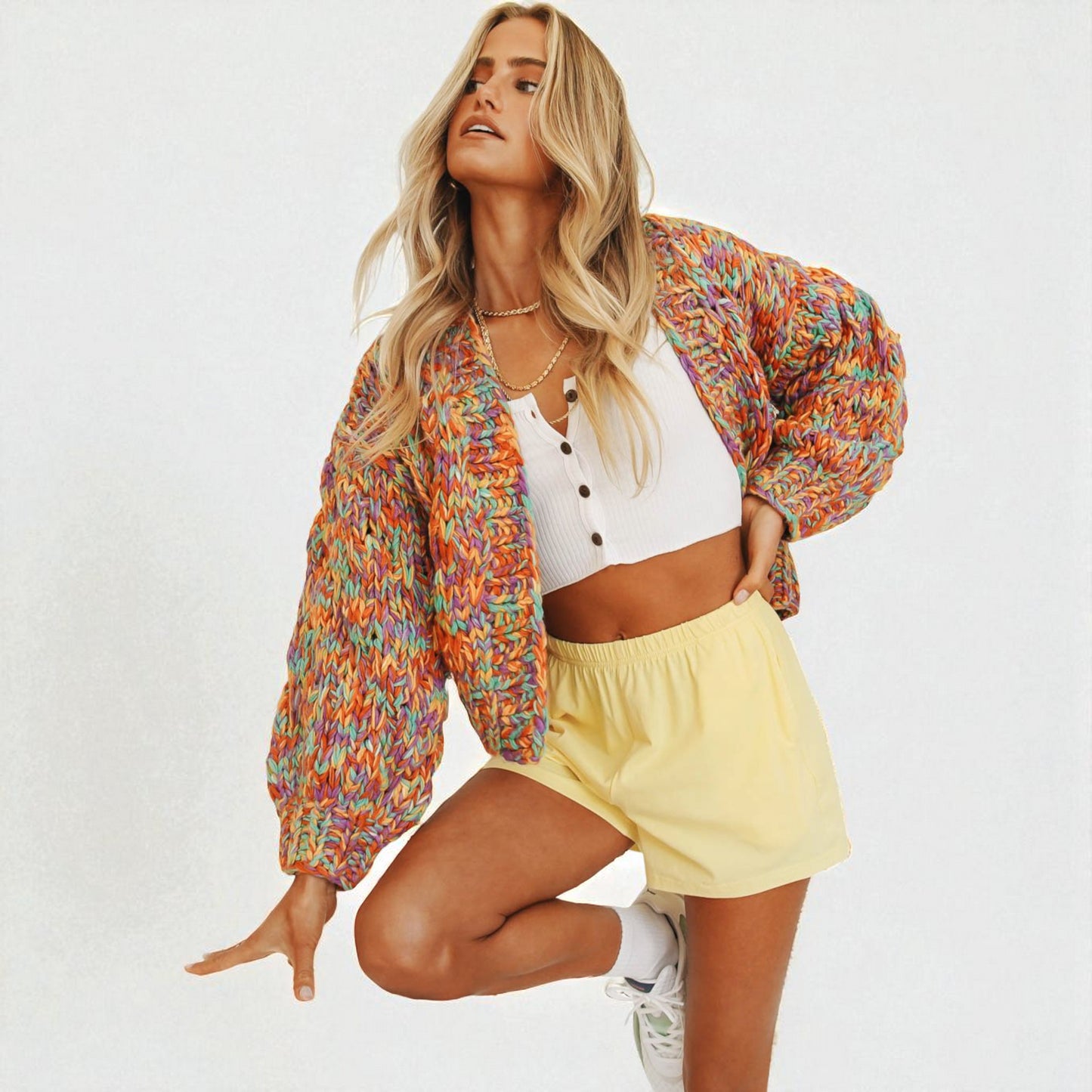 Rainbow Wool Blend Lantern Sleeve Cardigan – Cozy Street Style Oversized Winter Sweater