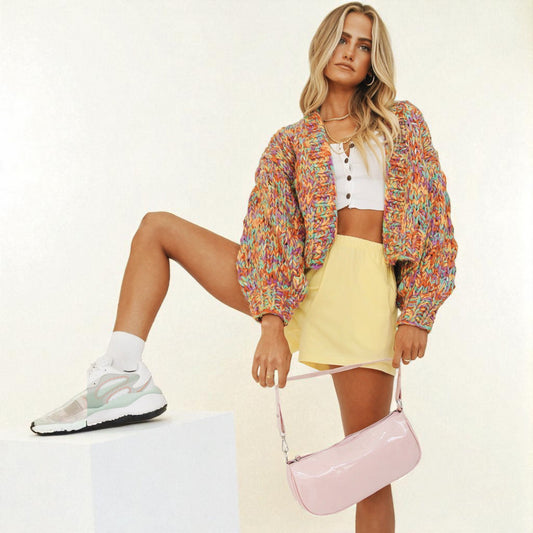 Rainbow Wool Blend Lantern Sleeve Cardigan – Cozy Street Style Oversized Winter Sweater