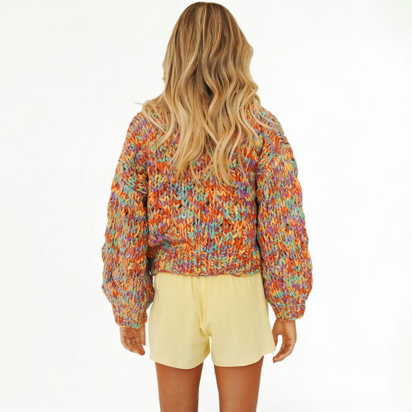 Rainbow Wool Blend Lantern Sleeve Cardigan – Cozy Street Style Oversized Winter Sweater