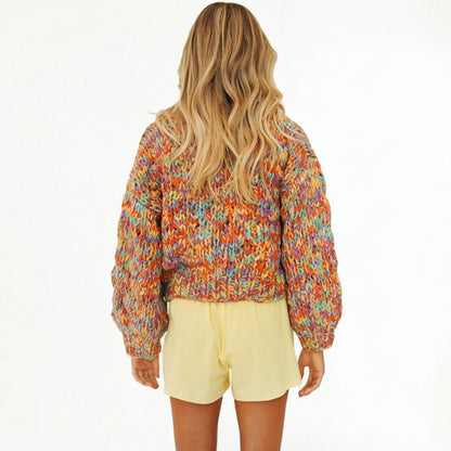 Rainbow Wool Blend Lantern Sleeve Cardigan – Cozy Street Style Oversized Winter Sweater