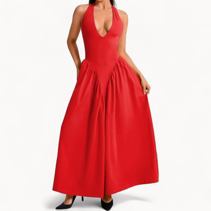 Women’s Fashion Long Summer Dress – Deep V Neck, Spliced Halter, Open Back Evening & Beach Dress