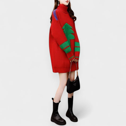 Women’s Christmas Print Mid-Length Knitted Turtleneck Sweater Dress – Korean Style Pullover