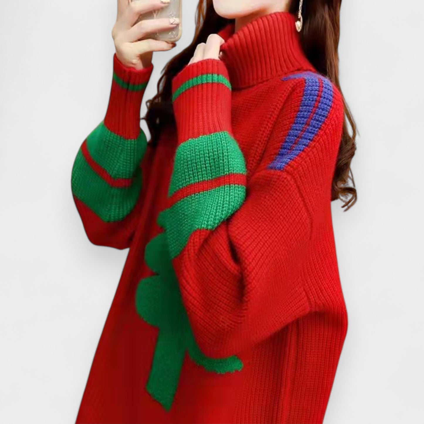Women’s Christmas Print Mid-Length Knitted Turtleneck Sweater Dress – Korean Style Pullover