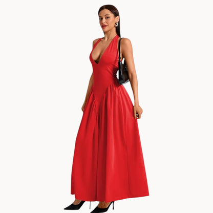 Women’s Fashion Long Summer Dress – Deep V Neck, Spliced Halter, Open Back Evening & Beach Dress