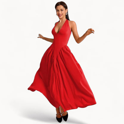 Women’s Fashion Long Summer Dress – Deep V Neck, Spliced Halter, Open Back Evening & Beach Dress