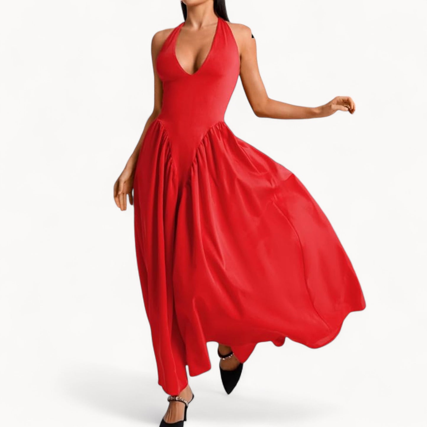 Women’s Fashion Long Summer Dress – Deep V Neck, Spliced Halter, Open Back Evening & Beach Dress