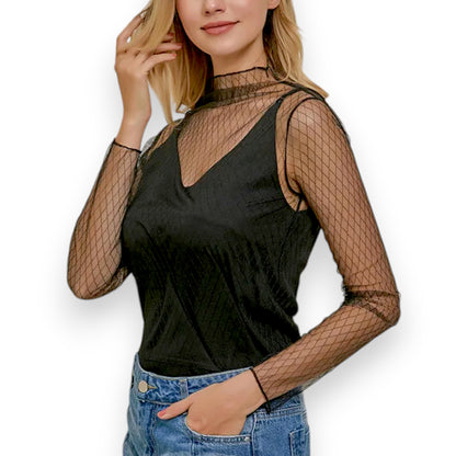 Women’s Lace Mesh  - Turtle Neck Sexy See Through Tee Shirts Party Club Night Lace Blouse