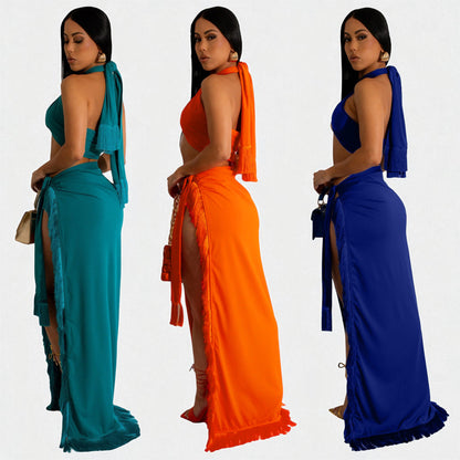 Women’s Evening Party Outfit – Sleeveless Crop Top & Maxi Skirt Set