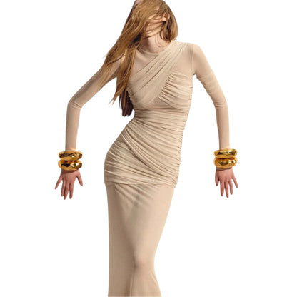 Women's Elegant Mesh Patchwork Bodycon Dress Long Sleeve Sexy Double Layer See-Through Club Evening Party Vestido