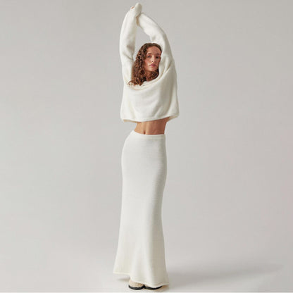 Women’s Knitted Sweater Skirt Set – Elegant V-Neck Long Sleeve Two-Piece Outfit for Fall & Winter