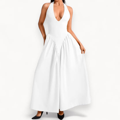 Women’s Fashion Long Summer Dress – Deep V Neck, Spliced Halter, Open Back Evening & Beach Dress