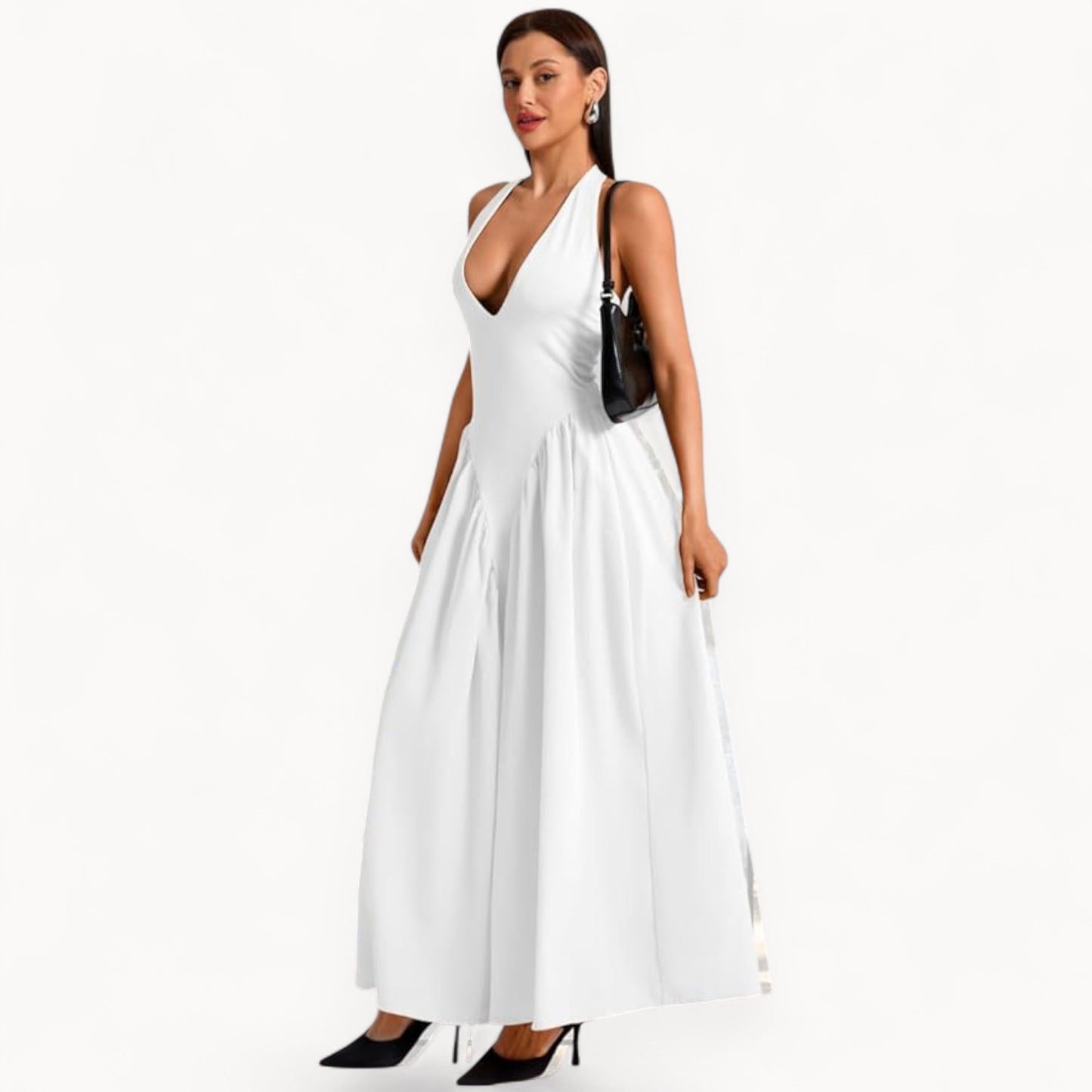 Women’s Fashion Long Summer Dress – Deep V Neck, Spliced Halter, Open Back Evening & Beach Dress