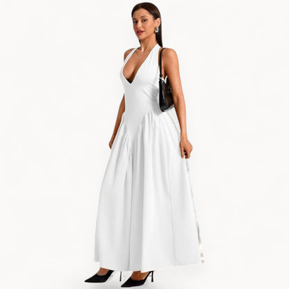 Women’s Fashion Long Summer Dress – Deep V Neck, Spliced Halter, Open Back Evening & Beach Dress
