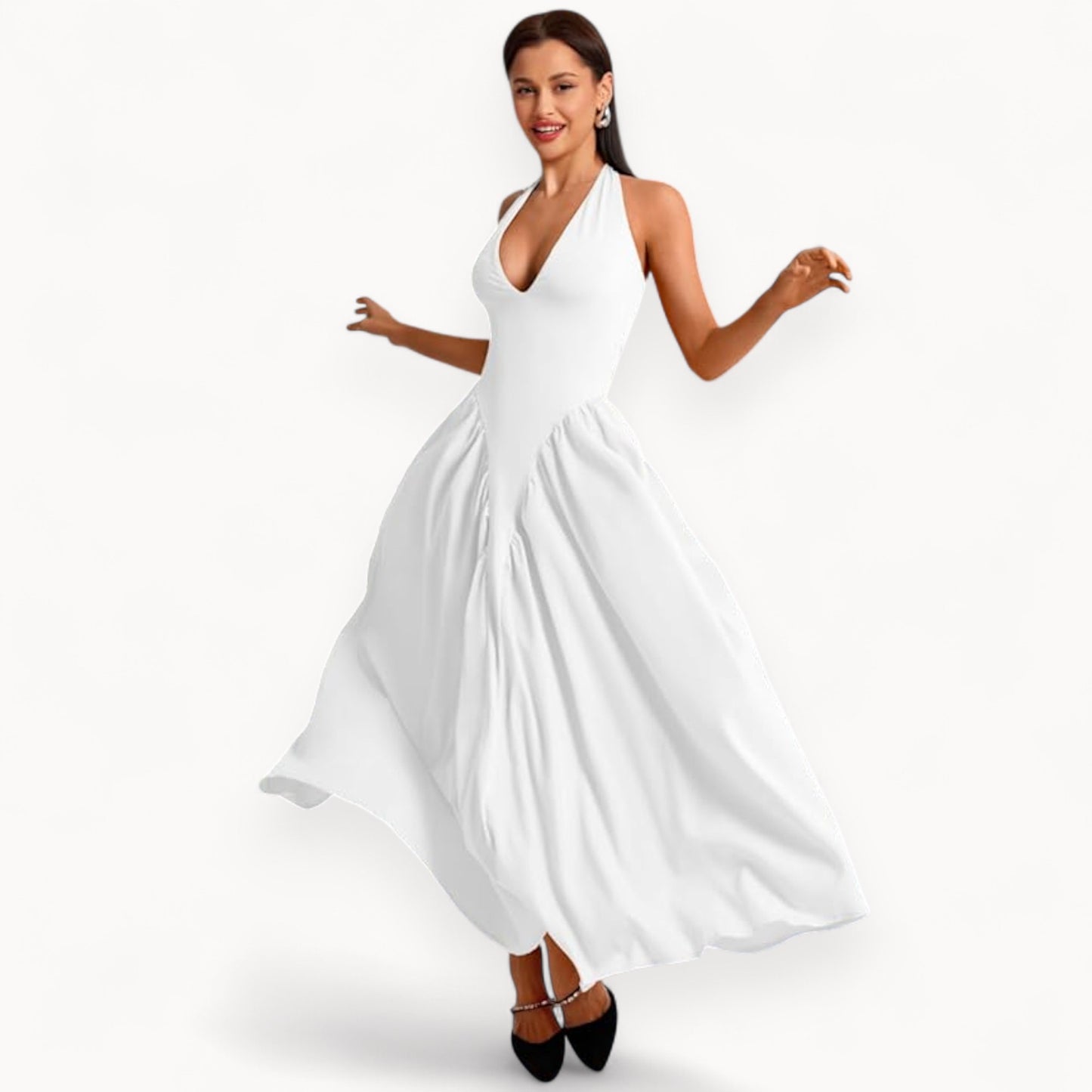 Women’s Fashion Long Summer Dress – Deep V Neck, Spliced Halter, Open Back Evening & Beach Dress