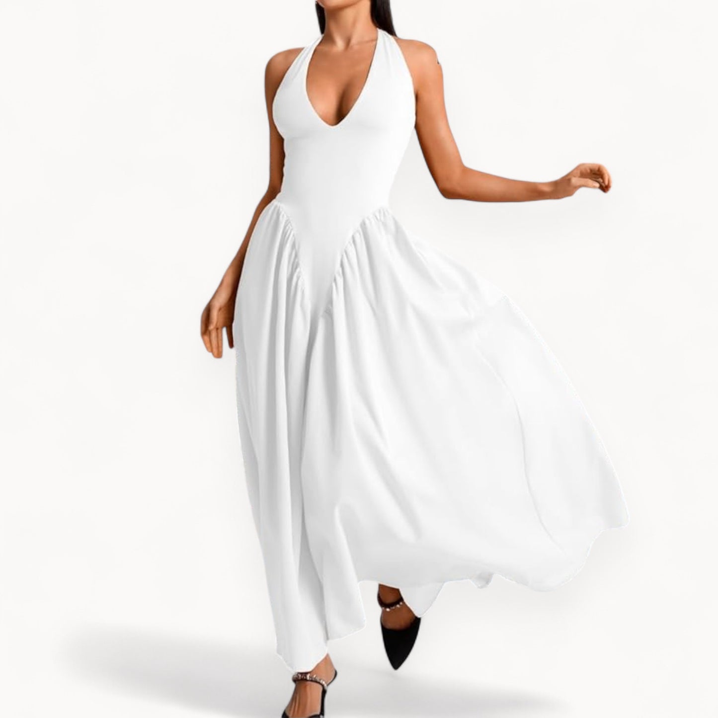 Women’s Fashion Long Summer Dress – Deep V Neck, Spliced Halter, Open Back Evening & Beach Dress