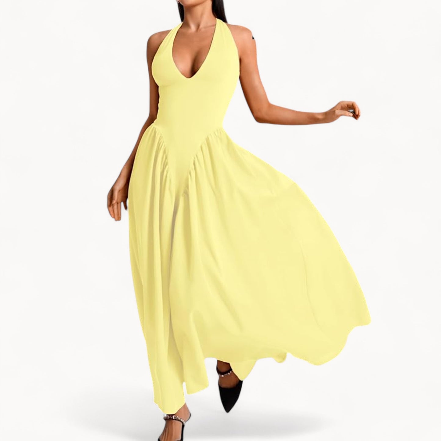 Women’s Fashion Long Summer Dress – Deep V Neck, Spliced Halter, Open Back Evening & Beach Dress