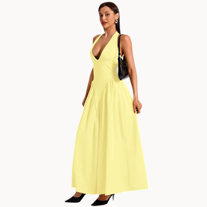 Women’s Fashion Long Summer Dress – Deep V Neck, Spliced Halter, Open Back Evening & Beach Dress