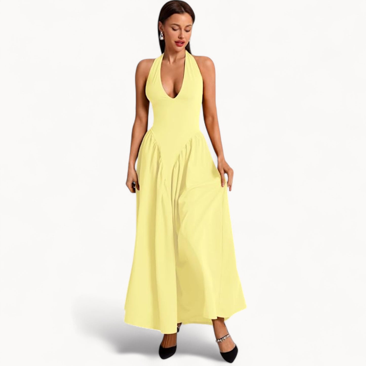 Women’s Fashion Long Summer Dress – Deep V Neck, Spliced Halter, Open Back Evening & Beach Dress
