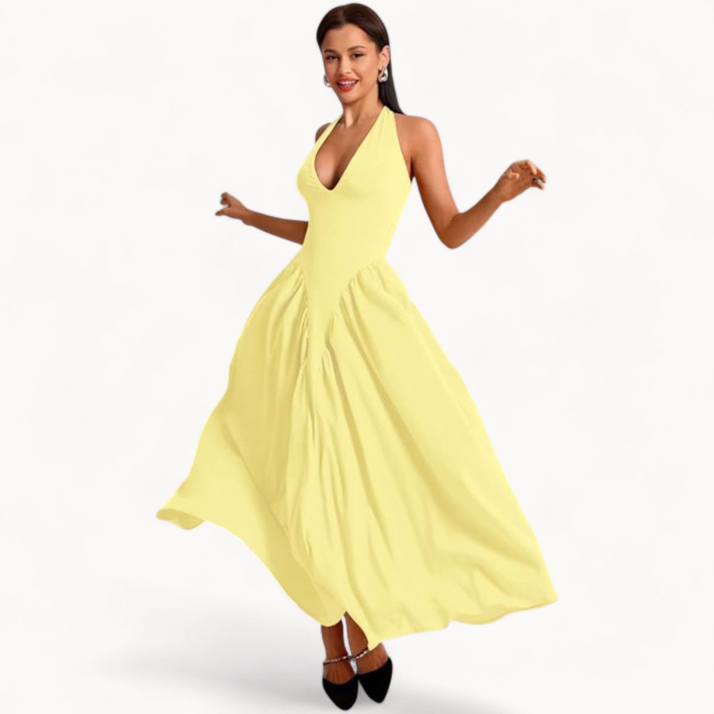 Women’s Fashion Long Summer Dress – Deep V Neck, Spliced Halter, Open Back Evening & Beach Dress
