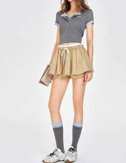 Wear Khaki Low Waist Drawstring Lace Puff Short Skirt