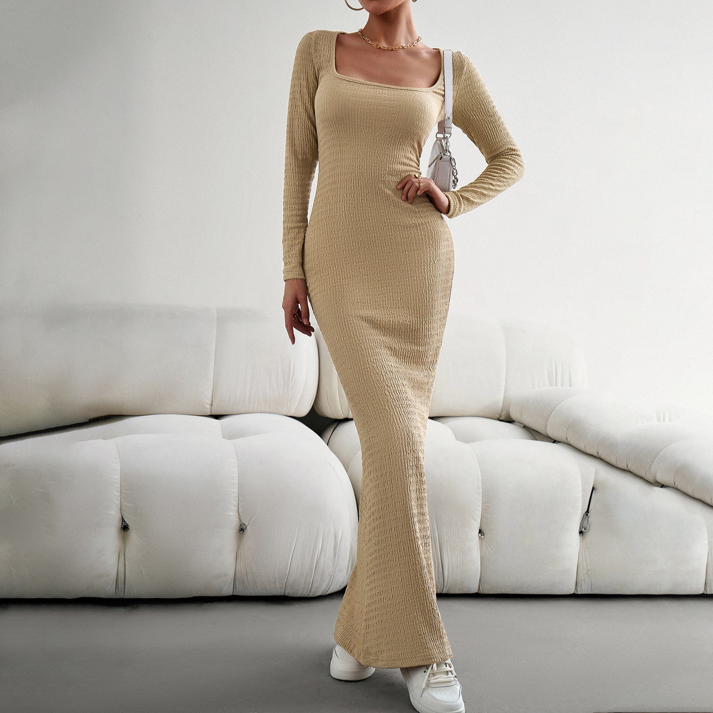 Women's Fashionable Elegant Slim Fit Square Collar Long-sleeved Knitted Dress
