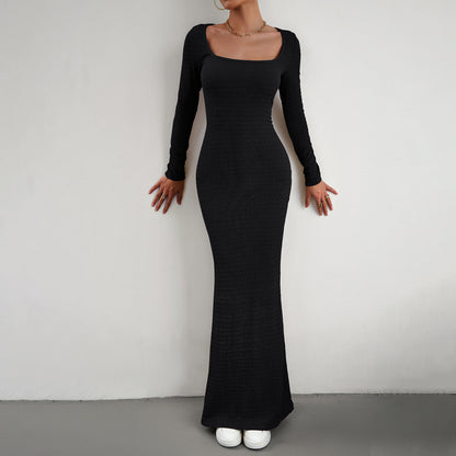 Women's Fashionable Elegant Slim Fit Square Collar Long-sleeved Knitted Dress