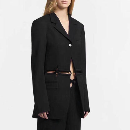Woven Stitching Statement One-button Cropped Blazer Pants